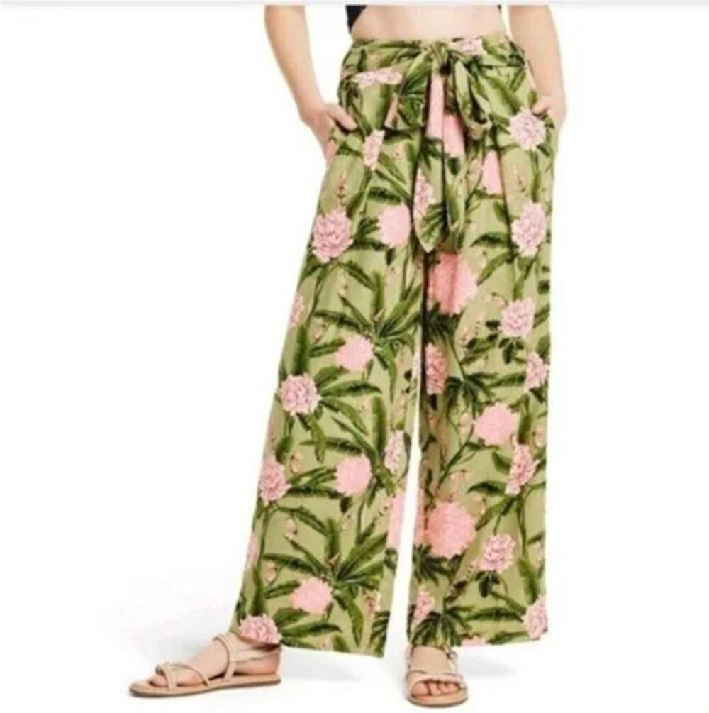 Agua Bendita X Target Wide Leg Pants Peony Floral Tie Waist Linen Green Pink XXL